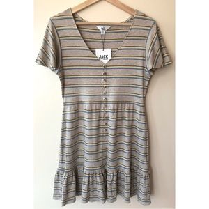 Jack by BB Dakota • M • Ribbed V Neck Dress Faux Button Up Striped Ruffle Hem